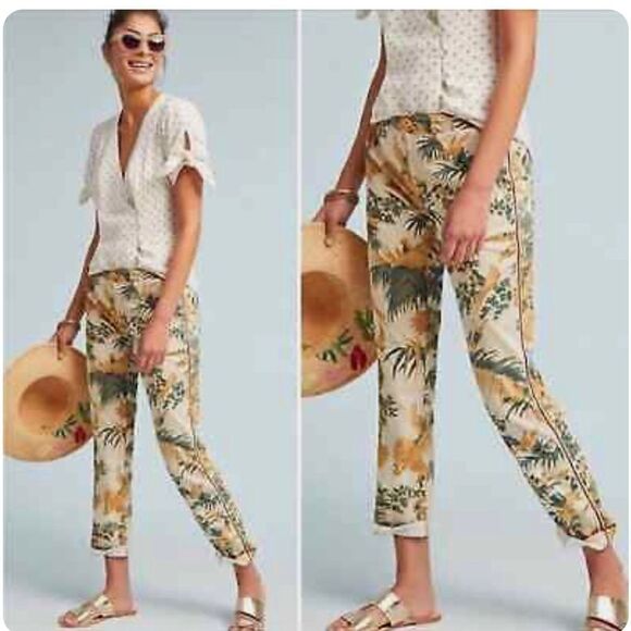 Anthropologie Chino Relaxed Floral Bird Print Trouser Pants - Picture 1 of 8